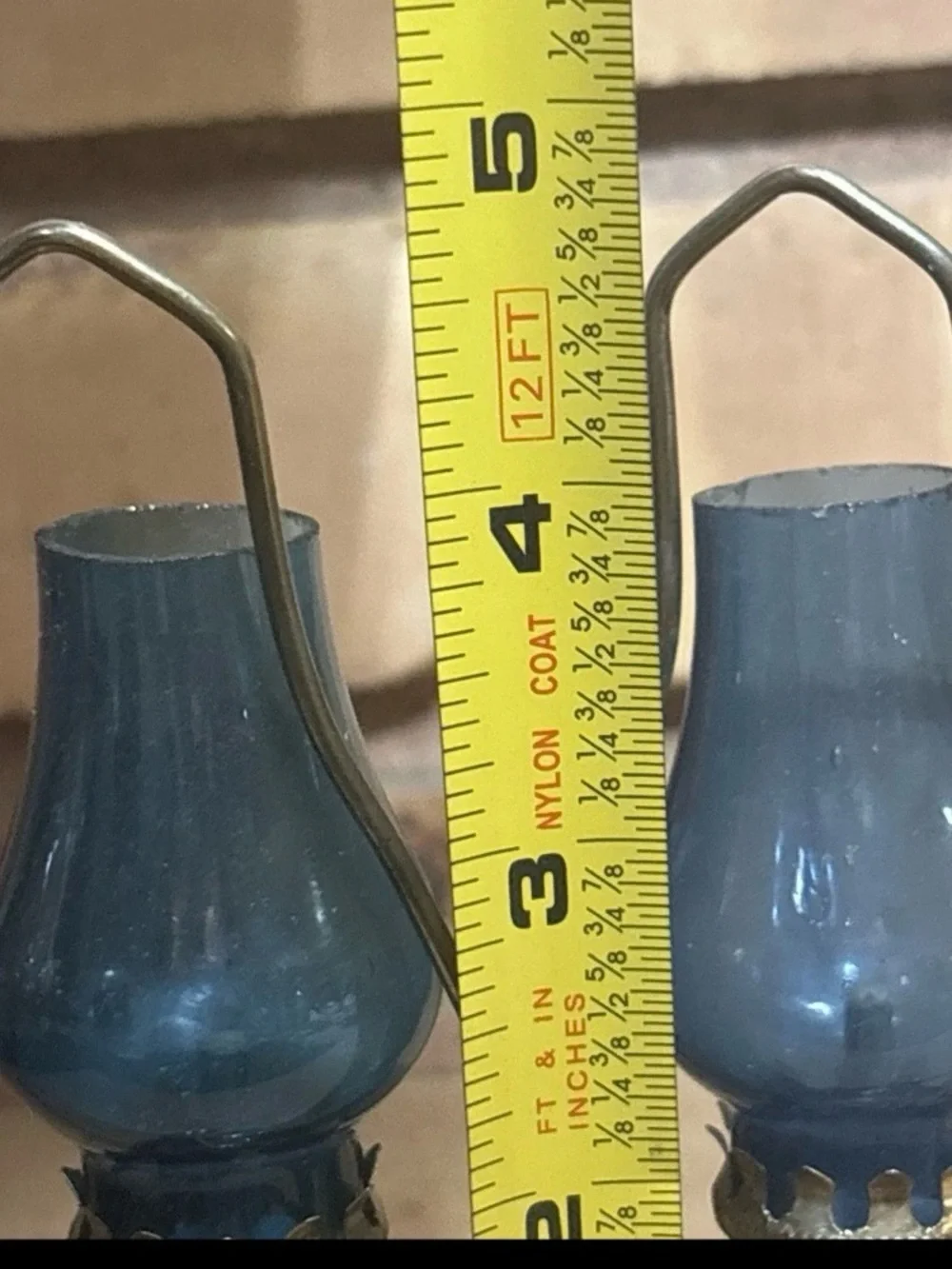 Pair Of Vintage Mini Blue Glass Hurricane Oil Lamp 5”